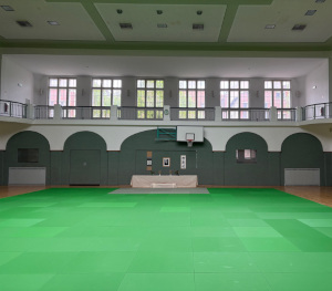 Turnhalle mit grünen Aikidomatten und Aikidoschrein im Hintergrund