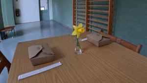 Tisch mit gelber Blume und zwei Bento-boxen.
