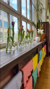 Tulpen und kleinen Vasen und aufgehängte Lampen